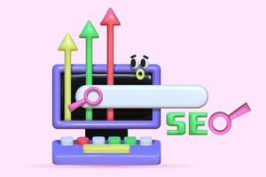 3D illustration of a funny computer with a search bar. Concept of promotion, growth, SEO strategy. vector