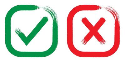 Green checkmark icon and red cross mark symbol brush stroke style vector