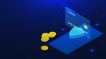 Isometric mobile phone with shield, credit or debit card and stack of coins on dark blue background. Secure, online payment and internet banking vector