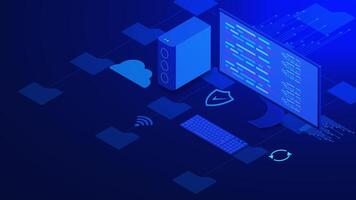 Isometric computer technology with PC on dark blue background. Concept of software development, cybersecurity, data security vector