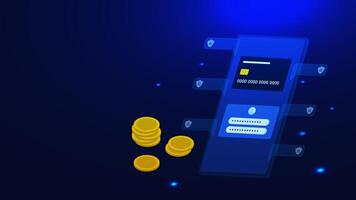 Isometric online banking, protection, user login, smart wallet concept with mobile application for payment using credit and debit cards on dark blue vector