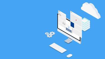 Web design and development with computer, cloud and server isometric. Digital software developer concept vector