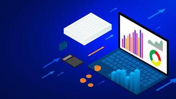 Isometric financial management concept with laptop, calculator and stack of coins vector