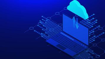 Laptop with download and upload from cloud computing isometric. Data storage, cloud technology and networking service concept on dark blue vector