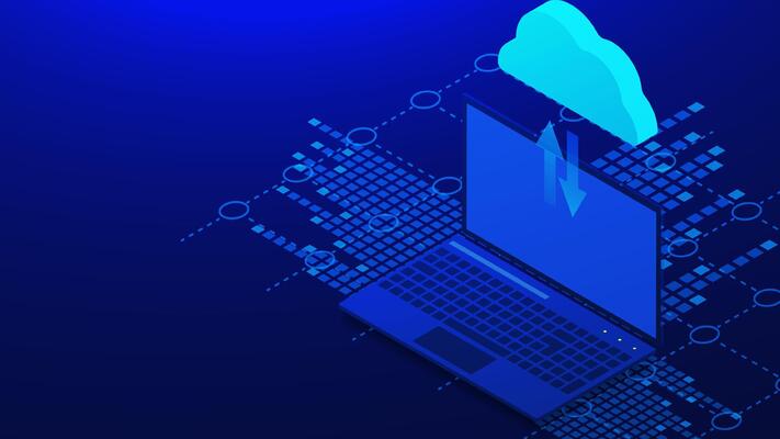 Laptop with download and upload from cloud computing isometric. Data storage, cloud technology and networking service concept on dark blue