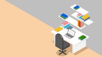 Work desk or study table with open laptop and stack of books isometric. Concept of distance learning, online learning vector
