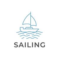 sailing boat logo design concept outline style with wave beach vector