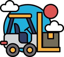A cartoon of a forklift with a red sun in the background vector