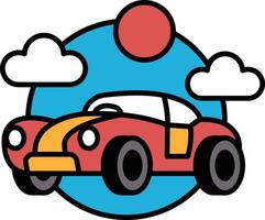 A red car is flying through the sky with a sun in the background vector