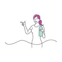woman holds a bottle of water while pointing to it continuous line art flat illustration on white background. vector