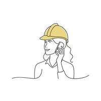 woman wearing a hard hat is engaged in a phone conversation continuous line art flat illustration on white background. vector