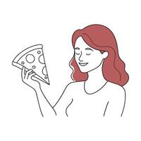 woman joyfully holds a slice of pizza continuous line art flat illustration on white background vector