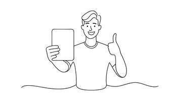 Man holds a tablet in one hand while making an OK sign with the other continuous line art flat illustration on white background. vector