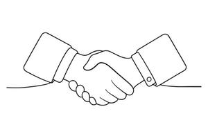 Hand shaking hands with a business logo continuous line art flat illustration on white background vector