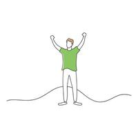 man stands with his hands raised high continuous line art flat illustration on white background vector