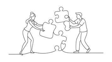 Searching for a solution. Solving the problem. People give each other puzzle pieces. The concept of teamwork vector
