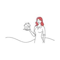 Woman confidently holds a small house in her hand continuous line art flat illustration on white background. vector