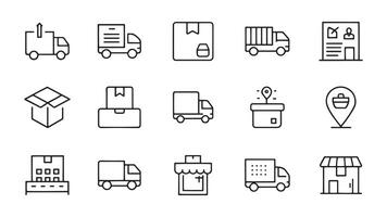 Delivery product related Minimalist Line 15 pcs icons set isolated on white background. vector