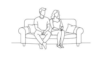 Man and woman relax on a couch continuous line art flat illustration on white background vector