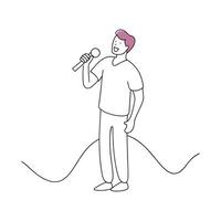 A cartoon character holds a microphone continuous line art flat illustration on white background. vector