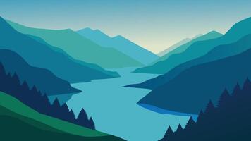Aerial view of a serene lake surrounded by lush greenery in a picturesque valley setting flat illustration vector