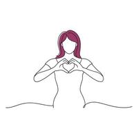 woman forms a heart shape with her hands continuous line art flat illustration on white background. vector