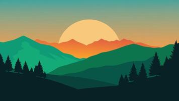 Sunset casts warm hues over a lush green valley, creating a serene and tranquil landscape flat illustration. vector