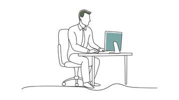 Man seated at a desk continuous line art flat illustration on white background vector