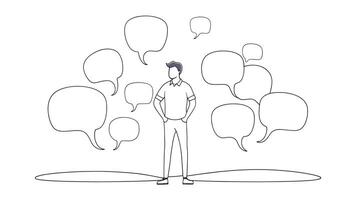 Man stands amidst various speech bubbles continuous line art flat illustration on white background vector