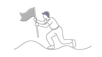Man kneels on the ground, reaching to pick up a flag continuous line art flat illustration on white background vector