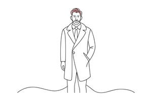 Man in a coat is illustrated continuous line art flat illustration on white background vector
