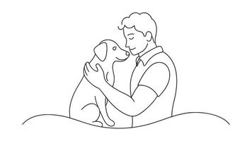 man embraces a dog in a heartfelt drawing continuous line art flat illustration on white background. vector