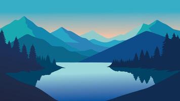Lake surrounded by lush greenery and distant mountains, reflecting the beauty of nature in a tranquil setting flat illustration vector
