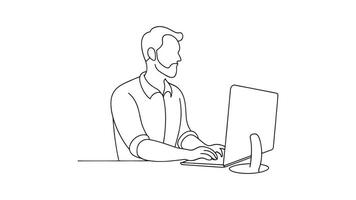 man seated at a computer continuous line art flat illustration on white background vector