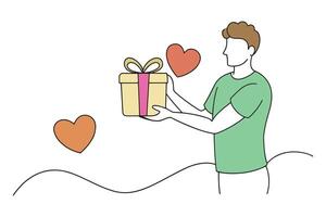 man joyfully presents a gift box adorned with hearts continuous line art flat illustration on white background vector