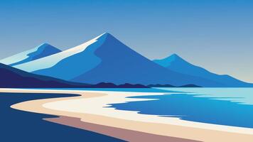 beach with gentle waves and majestic mountains rising in the background under a clear blue sky flat illustration vector