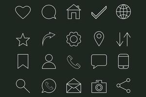Set of white outline icons on Flat background. Simple linear icons for web design or mobile app interface. Social media, web, communication, home, location, profile, settings, chat, search, camera. vector