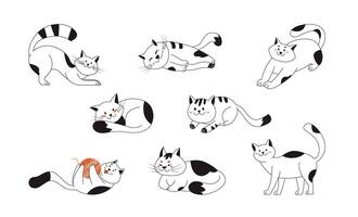 Cute smile cats playing, stretching, sitting, lying, relaxing. Funny purebred kittens in different poses. Pet animals set hand drawn with contour lines on white isolated background vector