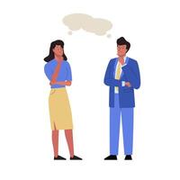 Man and woman standing in pensive pose and thinking. Business people meet and talk. Concept of problem solving, search of new idea. Cartoon flat illustration vector