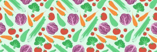 Seamless pattern with various vegetables. Tomatoes, carrots, zucchini, celery, broccoli. illustration in flat style. vector