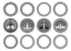 Irish Celtic round frame set, collection braided mandala pattern greeting card and invitation background, St Patrick s Day ornament. vector