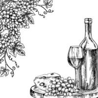 A frame with wine. Bunches of grapes, a bottle and a glass of wine. graphics, black and white hand-drawn illustration. On a white background. For packaging, label design. For banners, posters. vector