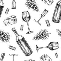 Seamless pattern featuring wine and grapes. A wine glass, a bottle, cheese and a cork. Black and white, graphic, illustration, hand-drawn. On a white background. For packaging, labels, textiles vector