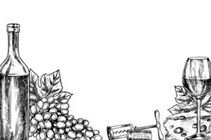 A frame with wine. Bunches of grapes, a bottle and a glass of wine. graphics, black and white hand-drawn illustration. On a white background. For packaging, label design. For banners, posters. vector