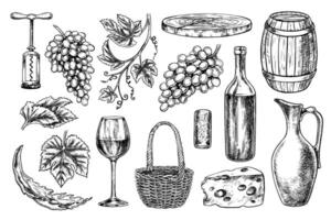 Wine. A set of clip art depicting wine, bottle, glass, cheese and grapes. A barrel, a jug, a corkscrew and a cork. A graphic illustration drawn by hand. Isolate on a white background. vector