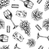 Seamless pattern with wine. A wine glass with cheese and grapes. A graphic illustration drawn by hand. On a white background. For packaging and label design. For banners and posters, textiles. vector