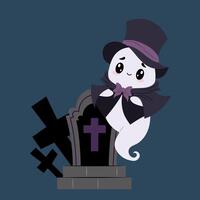 Cute ghost by the tombstone. A ghost gentleman in a cloak and cylinder hat. Halloween character. Flat illustration in hand drawn style. vector