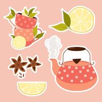 Set of stickers with lemon tea and tea party utensils. Boiling kettle. Slices of ripe lemon. A stack of tea mugs. Badian or anise spice. Flat illustration. vector