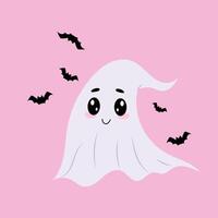 Cute ghost hangman on a pink background. Charming ghost with bats. Halloween character. Flat illustration in hand drawn style. vector
