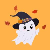 Funny ghost with autumn leaves. Ghost in a witch hat with a pumpkin on a coloured background. Halloween character. Flat illustration in hand drawn style. vector